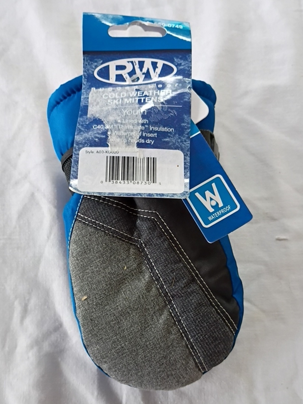 NWT RW Rugged Wear Waterproof Youth Cold Weather Ski Mittens in Blue and Gray